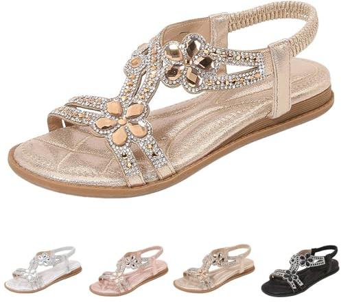 Générique Sandales Femme Été Orthopédiques Fleur Strass Cristal Élégantes Mariage Soirée Plates Confortables Bohème Chic Bout Ouvert Élastique Antidérapantes Nu Pieds Chaussures Femme