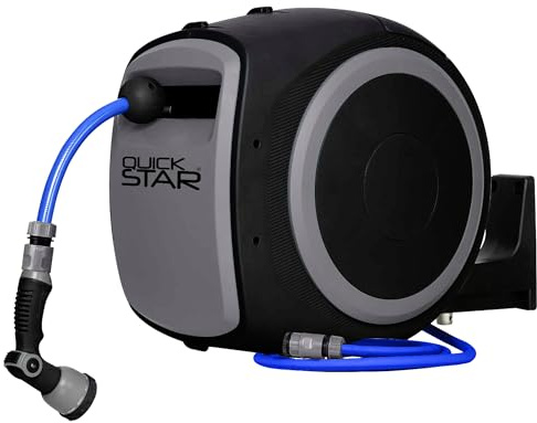 QUICK STAR Schlauchtrommel Pro, 40m + 2m Gartenschlauch zur Wandmontage | Automatische Wand Schlauchbox, 180° Schwenkbar, 10 Modi Handbrause, Aquablue Wasserschlauch, 1/2 & 3/4 Zoll Anschluss