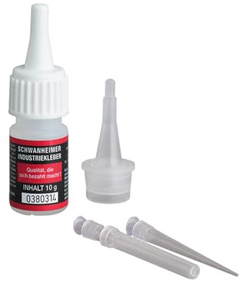 SCHWANHEIMER Industriekleber Set I – Praktische Zusammenstellung aus Industriekleber und Feindosier- und Tropfspitze – Geeignet für Plexigläser, Glassteine, Perlen, METALL etc. – 3-teilig – C345653