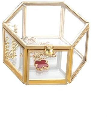 Feyarl Ringkästchen Ringbox Ringschatulle Glas Schmuckkästen Geometrisch Aufbewahrung Ringe Ohrringe Ketten für Wohnzimmer Hochzeit Muttertag Geschenk Dekobox8 x 7 x 4.5cm (Gold)