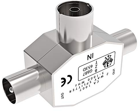 TV Antennen Verteiler Splitter 2 Fach, Ancable Antennenverteiler voll geschirmt 2-Wege- Zweigeräte-Verteiler T-Adapter Metallgehäuse 1x Eingang Buchse weiblich 2X Ausgang Stecker männlich für DVB-T/BK