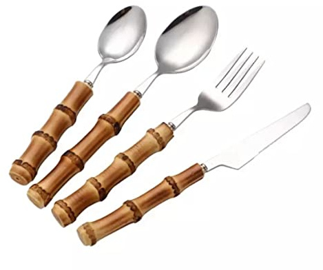 Golden Stainless Steel Cutlery Set - Bamboo Handle, Dessert Spoon, Golden Finish