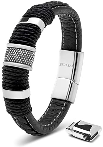 SERASAR Premium Lederarmband für Männer | Magnetverschluss aus Edelstahl in Schwarz, Silber & Gold | Inklusive Schmuckschachtel | Tolle Geschenkidee