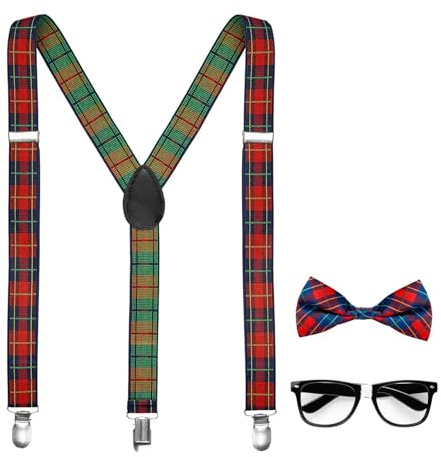 W WIDMANN MILANO Party Fashion - Nerd Accessoire Set kariert | 3-teiliges Set mit Nerd-Brille, karierter Fliege und Hosenträgern - Kostümaccessoire für Karneval und Mottoparty