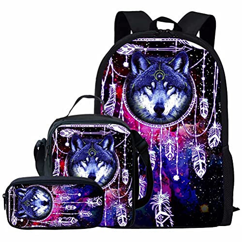 Chaqlin Animal Wolf School Sac à Dos Lot de 3, Attrape-rêves Wolf Cartables + Boîte à Lunch + Étui à Crayons pour garçons Cadeaux pour Adolescents de l'élémentaire Grands Sacs à Dos Sac à Dos