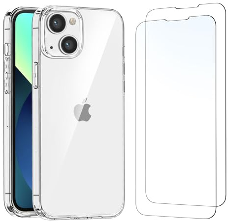 NEW'C Funda para iPhone 13 (6,1 Pulgadas) Carcasa Silicona Transparente Alta y 2X Protector de Pantalla para iPhone 13 (6,1 Pulgadas) Cristal Templado - Antiarañazos