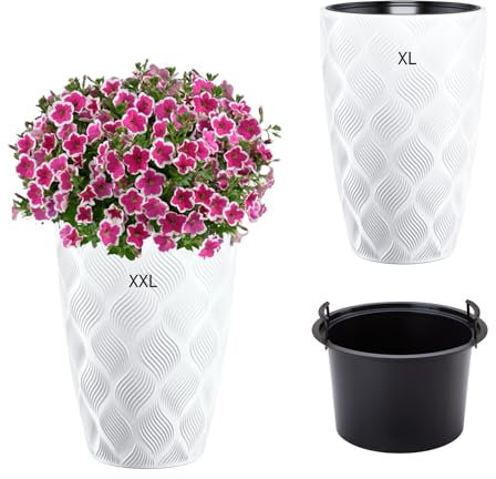 MELTOM Blumenkübel Blumentopf Pflanzkübel mit Herausnehmbaren Einsatz Rund 3D Effekt Dekorativ SET2: XXL+XL Weiß