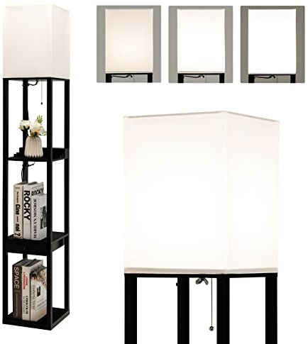 COSTWAY Lampadaire sur Pied Salon Moderne avec LED E27 Variable de 5000K et 1 Port USB, Lampe Salon sur Pied 160cm 3 Étagères Ouvertes et 1 Tiroir, Montage Facile