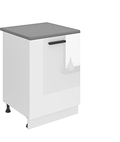Belini Unterschrank Küche, Küchenunterschrank 60 cm Breite. SD Küchenunterschrank mit Arbeitsplatte. Küchenschrank mit 1 Tür, Weiß Hochglanz