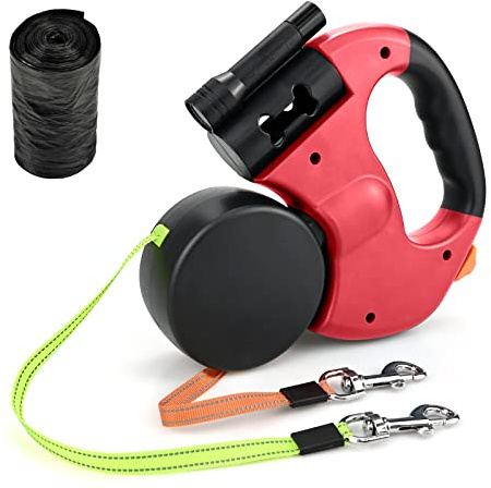 Guinzaglio retrattile doppio per cani, rinforzato ed estensibile con manico antiscivolo, luce LED e cassettiera per portare a spasso 2 cani, forte banda in nylon a 360°, 3 m, rosso