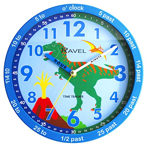 Ravel R.KC.11 - Reloj de pared para niños (25 cm, cuarzo, analógico, esfera azul), diseño de dinosaurio azul