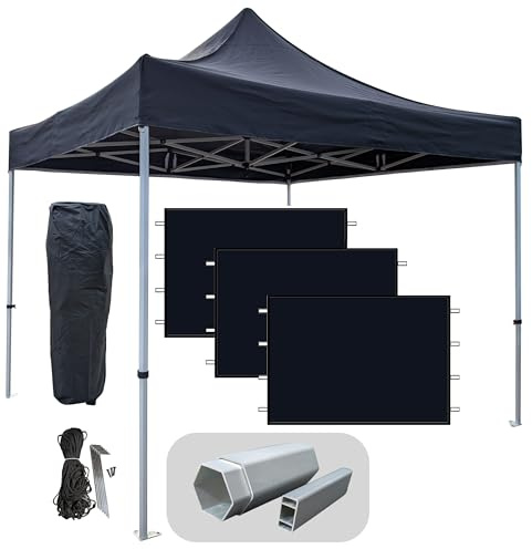 Profi-ZELTE.DE Alu Faltpavillon Hexagon 3x3m Alurahmen Hexagon 40mm, 100% wasserdicht (Schwarz, inkl. 3 Seitenteile)