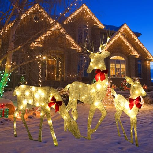 BomKra 3-Teiliges LED Rentier Familie Weihnachtsdeko 100er LED Rentiere Beleuchtet 2d Wasserdicht Weihnachtsbeleuchtung Aussen Für Außen Und Innen, Rasen, Wohnzimmer Party Dekorationv