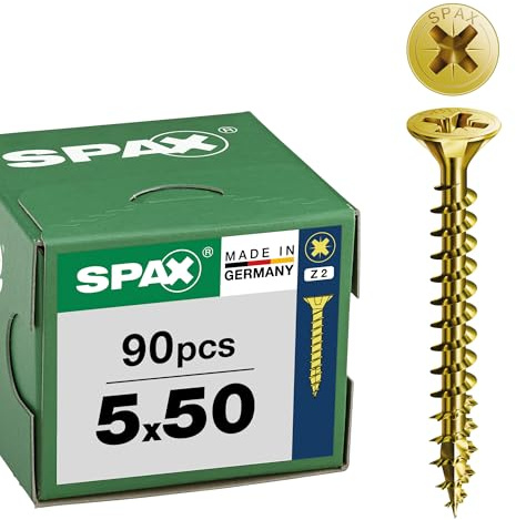 SPAX Universalschraube 5 x 50 mm, 90 St., Senkkopf Z2, Vollgewinde, YELLOX | Kreuzschlitz Spanplattenschraube mit 4CUT Spitze für Holzverbindungen, Rostschutz Beschichtung und bündiges Versenken