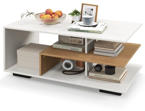 COSTWAY 3-Tier Coffee Table, Wooden Geometric Cocktail Center Table with Storage Shelves and Reinforced Feet, Industrial/Modern Accent Sofa Side Tea Table for Living Room Bedroom (White+Natural)