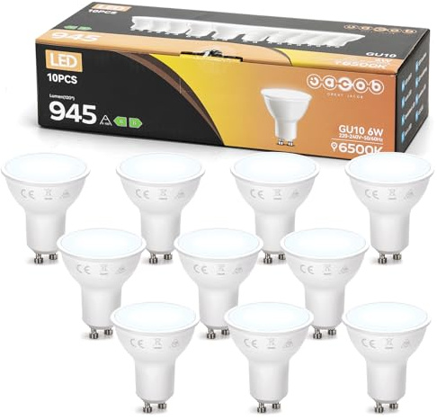 Great Jacob Lampadine LED GU10, 6W Equivalenti a 128W, 6500K Luce Bianca Fredda, 945Lumen Lampadine LED Non Dimmerabile, 10 Pezzi