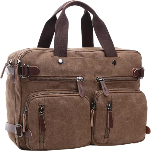 WTiger Canvas Laptop Briefcase Convertible Backpack Messenger Shoulder bag Handbag Multi-functional Travel Rucksack Fits 17.3 Inch Laptop for Men Women