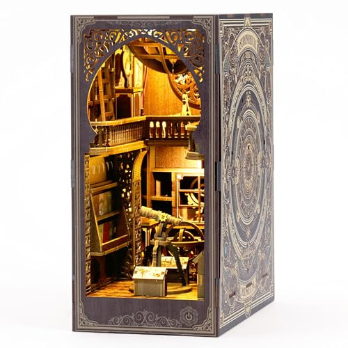 MaHo MagicHolz – Book Nook Astronomie Museum – DIY Book Nook Kit aus Holz – Booknook Diorama Miniatur Bausatz mit LED Lampe – 3D Puzzle Bücherregal Deko & DIY Buchstütze basteln