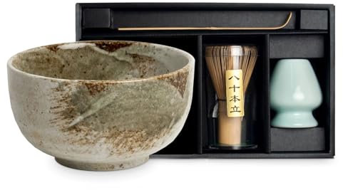 YUKI-SHINO - Juego de cuencos para matcha (caja de regalo, incluye escoba de bambú, cuchara de bambú y bandeja para escoba)