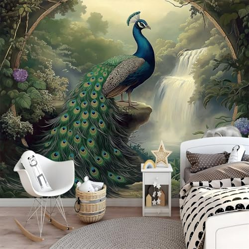 Fototapete Tier-Pfau natürliche Landschaft 3D Effekt Wand Dekoration - für TV Hintergrund Schlafzimmer Vlies Tapete Vliestapete Wandtapete Motivtapeten Montagefertig - 250 x 175 cm