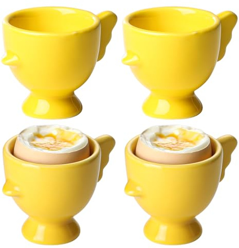 Egg Cup Set of 4,Ceramic Cute Chick Egg Cups, Funny Egg Stand Holder for Soft Boiled Eggs, Kitchen Breakfast Cooking