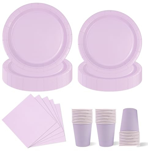 HFBOBP 96 Stück Lila Partygeschirr Set，Party Pappteller Becher Servietten Partyteller Partyset Süße Party für Feste und Feiern wie Geburtstag