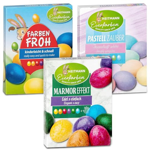 Heitmann Eierfarben 3er Set – Lebensmittelfarbe für Ostereier & Deko - 18 Farben - 3 Effekte: Froh, Marmor & Pastell - Flüssige Eierfarben zum Bemalen mit kräftigen & zarten Tönen