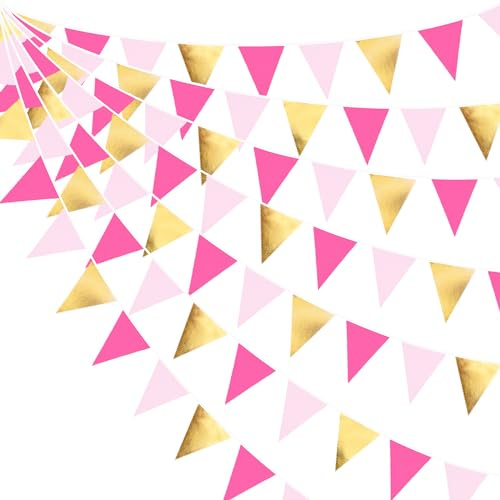 Wimpelkette für Geburtstag, Hochzeit, Babyparty, Brautparty, Zuhause, Kinderzimmer, Outdoor, Dekoration, 90 cm, Metallic, Gold, Pink, Gold, Stoff, Dreiecksflagge, Wimpel, Girlande, Luftschlangen für