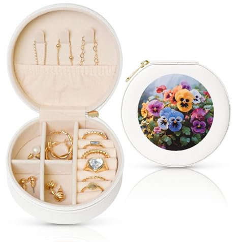 STVYUKL Small Jewelry Box Leather Travel Jewelry Case Waterproof Round Jewelry Organizer White For Womens Rings Necklaces Gifts Pansy Flowers