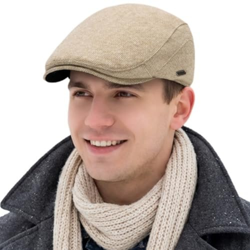 HIQIU Schirmmütze Herren Schiebermütze Barett Cap Herbst Winter Flat Cap,Schieberkappe Herren Newsboy Driving Cabbie Kappe Baskenmütze (DE/NL/SE/PL, Alphanumerisch, M, L, Beige)