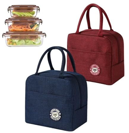 HASLED 2 Stück Faltbare Lunchtasche, Thermotasche mit Folienfutter, Tragbare Lunchtasche Erwachsene, Mini Kühltasche für Büro, Schule, Picknick, Leicht & Kompakt (Burgunder & Marineblau)