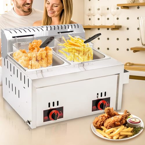 Friteuse à gaz, 20 l, à double réservoir, en acier inoxydable, avec grande capacité, professionnelle, avec panier à frites, pour restaurant, cuisine à domicile, snack-bar