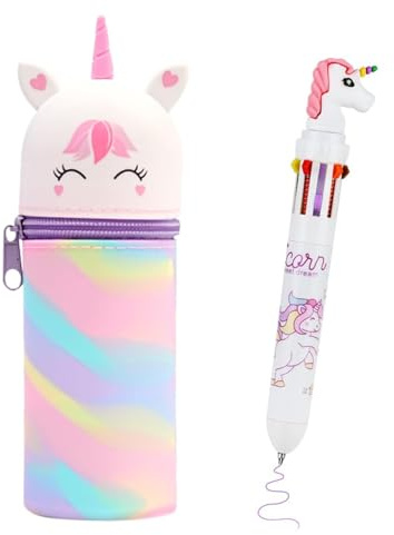 LandReCol 2er Set federmäppchen mädchen, mäppchen Mädchen 2-in-1 Kawaii Federmäppchen Einhorn & 10 Colours Roller Ball Multicolor Pen Set für Schule/Büro/Kinder – Lernbedarf mit Reißverschluss
