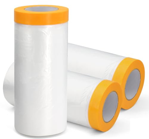 Solivive 3 Rollen Abdeckfolie mit Klebeband,Staubdicht Rransparente Malerfolie mit Goldband, UV-Schutz Abdeckfolie mit Klebeband, Geeignet für Innen- und Außenwände