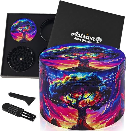 Grinder Herb Large, 63mm 4 Piece Grinder with 40 Sharp Shark Teeth, Cool Fantasy Metal Grinders for Kitchen Spice & Herbal Tea, Gift Set for Boyfriend & Girlfriend, Man & Women (Neon Sky Tree)