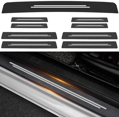 9Pcs Car Door Sill Protector, Carbon Fiber Car Door Sill Protectors Waterproof Scratch Resistant Sills Protectors Anti-Tread Doors Sills Bumper Protective Film for Most Vehicles (Black)