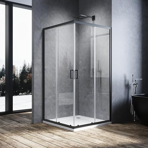 ELEGANT 700 x 700 mm Black Sliding Corner Entry Shower Enclosure 6mm Toughened Glass Bathroom Smooth Screen Panel Reversible Shower Cubicle