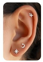 PRTGL Flach Rücken Ohrringe - 3 Paar Ohrstecker Damen, 14k Vergoldet/Weißgold Silber Herz/CZ/Perlen/Stern/Mond/Blumen/Kreuz/Schmetterling/Kugel/Schleifen/Sonnen/Blitz klein Ohrringe Set Knorpel
