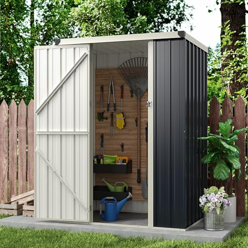 RELAX4LIFE Casetta da Giardino per Attrezzi,150x88x185 cm in Lamiera d'Acciaio e e Lamiera Zincata con Doppie Porte, Tetto Inclinato, per Porta Attrezzi, Tosaerba, 2 Paia di Guanti (GRIGIO E ARGENTO)