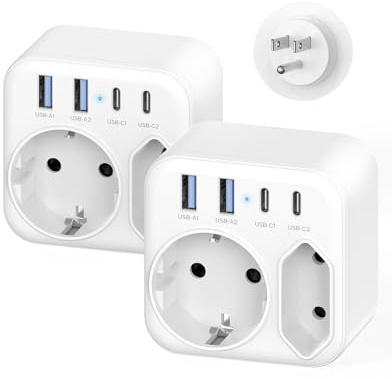 2 Pack Reiseadapter USA, Adapter USA Deutschland Stecker mit 4 USB(2-USB C) und 2 Fach Steckdose, 6-in-1 Travel Adapter Reisestecker Typ B für EU zu Amerika Kanada Thailand Mexiko
