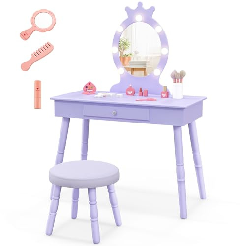 LIFEZEAL Specchiera Trucco Bambina, con 7 LED, 3 Colori di Luci, Postazione Trucco Bambina, con Sgabello Imbottito, Cassetto e Specchio di Corona, Toeletta Trucco per Bimbi 3-7 Anni (viola)