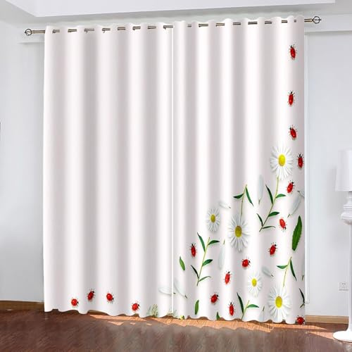 Wycian Fertiggardinen Gardine Grün Rot 2 Er Polyester Gänseblümchen und Marienkäfer H214 X B86Cm für Schlafzimmer