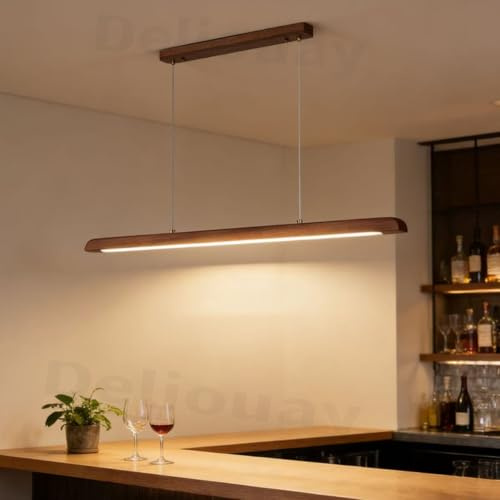 Moderne LED Esstisch Pendelleuchte Holz, LED Pendellampe mit Fernbedienung Linear Design Hängeleuchte Esszimmer lampe, Hängelampe Dimmbar Höhenverstellbare für Küche büro (Pfirsichholz, 110cm)