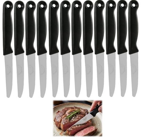 Wafuesh 12 piezas Cuchillos de Mesa, Cuchillos Carne Mesa con Filo Dentado y Hoja de 11 cm, Cuchillos para Carne de Acero Inoxidable con Mango Ergonómico – Ideal para Hogar y Restaurante (Negro)