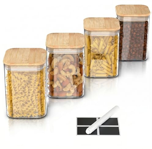 Arendo - Vorratsgläser mit Deckel - 4er Set - Glasbehälter aus Glas – hitzebeständig – Vorratsdosen mit Bambusdeckel - luftdicht - für Müsli Zucker Mehl Kaffee Reis