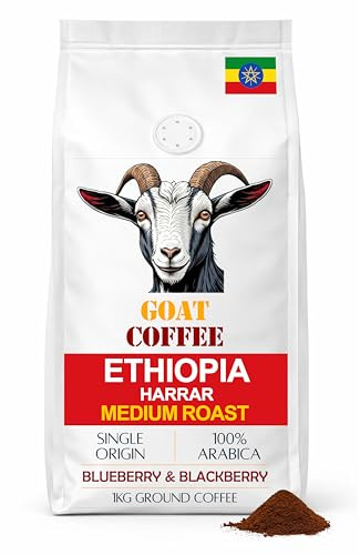 Goat Coffee Ethiopia Harrar Ground Coffee 1kg – 100% Arabica Medium Roast – Intense Blueberry & Blackberry Notes – Single Origin Coffee – Small Batch Roasted – Best for Cafetière, Filter & Espresso