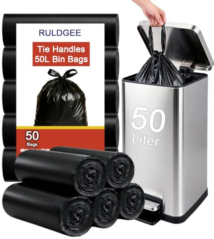 RULDGEE Bin Bags 50L Bin Liners Tie Handle 50 Counts,Black