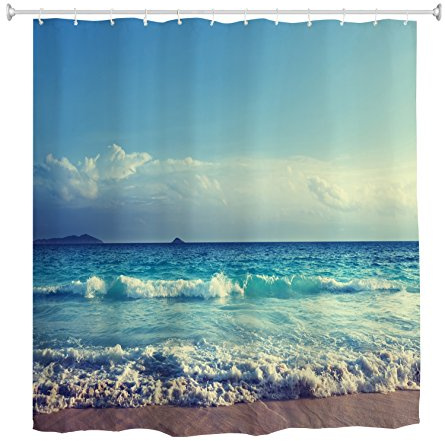 goodbath Ocean Duschvorhang,Meereswellen Blauer Himmel Strand Duschvorhang Wasserdicht und schimmelresistent für Badezimmer,180x180cm, Blau Weiß Braun
