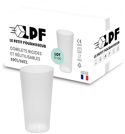 LPF LE PETIT FOURNISSEUR - Lot de 100 Gobelets réutilisables 50cl (56cl à ras-bord) - Polypropylène plastique alimentaire rigide - Gobelets à eau, bière - Compatible lave-vaisselle - Couleur Givré