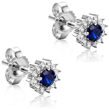 Orovi Schmuck Damen Blume Halo Cluster Ohrringe Gold mit Edelstein/Geburtsstein Saphir in Blau besetzt mit natürlichen Diamanten Brillanten klassische Ohrstecker aus Weißgold 9 Karat / 375 Gold